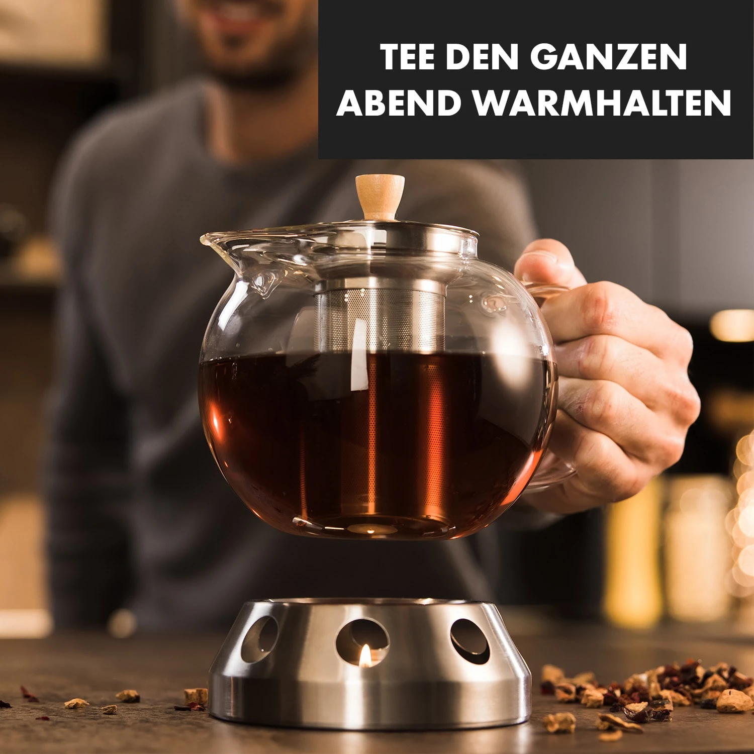 Sencha Design-Teekanne Mit Hibiscus Edelstahl-Stövchen 2 Sencha Design-Teekanne Mit Hibiscus Edelstahl-Stövchen – Bild 2